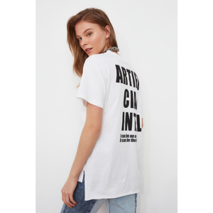 Trendyol White Printed Asymmetric Boyfriend Knitted T-Shirt