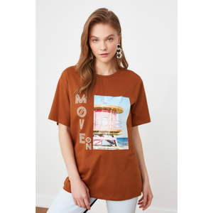 Trendyol Brown Crew Neck Printed Boyfriend Knitted T-Shirt