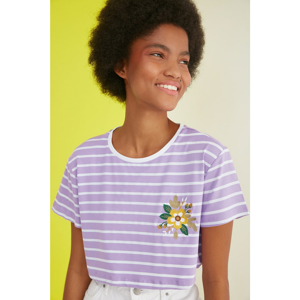 Trendyol Purple Embroidered Super Crop Knitted T-Shirt