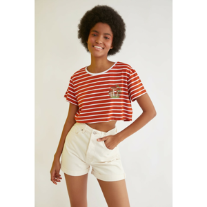Trendyol Cinnamon Embroidered Super Crop Knitted T-Shirt