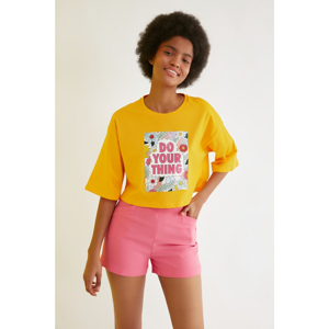 Trendyol Orange Loose Crop Printed Knitted T-Shirt