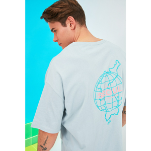 Trendyol Blue Men's Oversize Fit 100% Cotton Crew Neck Printed TShirt