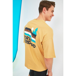 Trendyol Mustard Men's Oversize Fit 100% Cotton Crew Neck Short Sleeve Printed TShirt