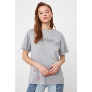 Trendyol Gray Printed Boyfriend Knitted T-Shirt