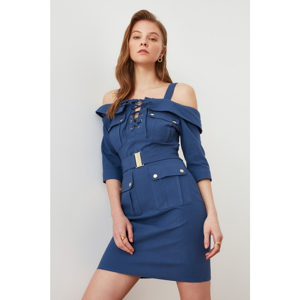 Trendyol Navy Blue Belt Bird Eye Detailed Dress