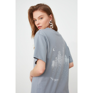 Trendyol Gray Back Printed Boyfriend Knitted T-Shirt