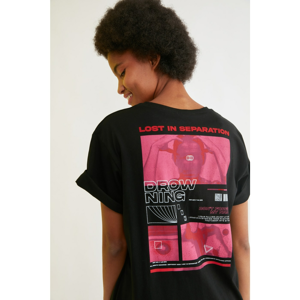 Trendyol Black Crew Neck Back Printed Boyfriend Knitted T-Shirt