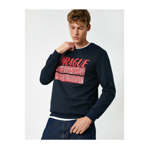 Koton Men's Navy Blue Crew Neck Long Sleeve Printed Sweatshirt