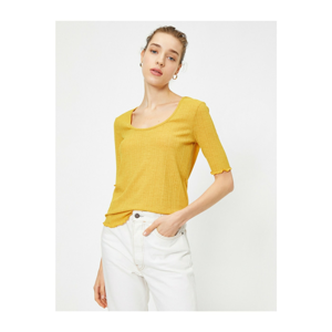Koton Women's Yellow Scoop Neck Short Sleeve Ruffle Detail T-shirt