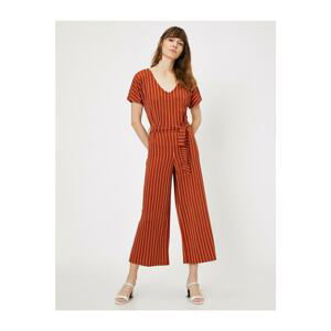 Koton Women's Brown Striped Belt Detail V Neck Striped Jumpsuit