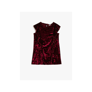 Koton Girl Burgundy Crew Neck Frilly Velvet Dress