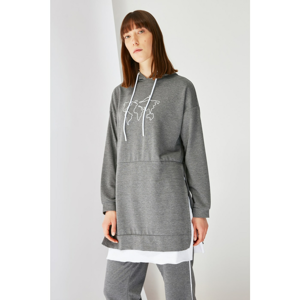 Trendyol Anthracite Printed Hooded Knitted Sweatshirt