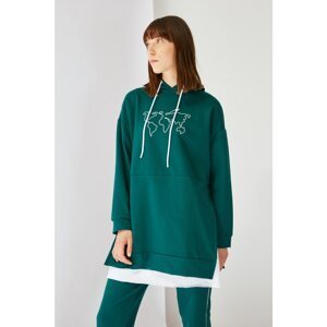 Trendyol Emerald Green Printed Hooded Knitted Sweatshirt