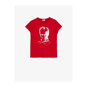 Koton Girl's Red Ataturk Printed Cotton Soft Short Sleeved T-Shirt
