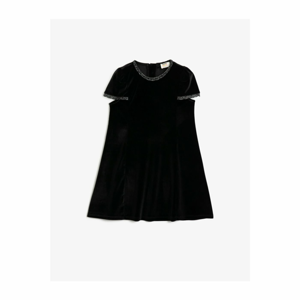Koton Women's Black Velvet Short Sleeve Silvery Dress
