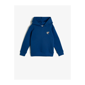 Koton Boy's Blue Fleece Hooded Contrast Embroidered Sweatshirt