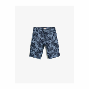 Koton Boy's Blue Leaf Pattern Cotton Buttoned Cargo Pocket Shorts