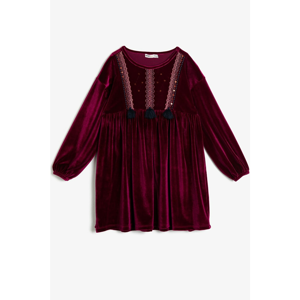 Koton Girl Claret Red Embroidered Dress