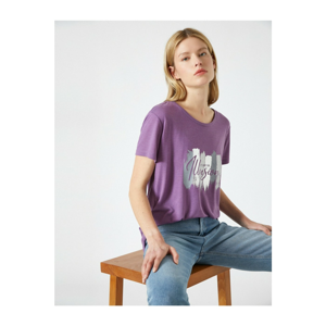 Koton Women's Purple Printed Crew Neck Short Sleeve T-Shirt