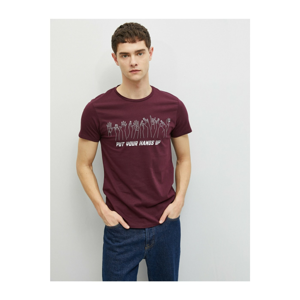 Koton Men's Burgundy Printed Crew Neck Short Sleeve Cotton T-Shirt