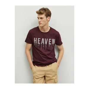 Koton Men's Burgundy Letter Printed Short Sleeve Crew Neck Cotton T-Shirt