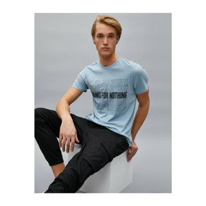 Koton Men's Blue Printed Short Sleeve Crew Neck Cotton T-Shirt