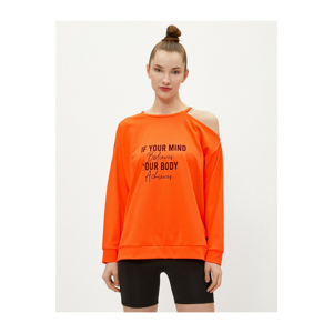 Koton Women's Orange Slogan Detailed Crew Neck Off The Shoulder Sweatshirt