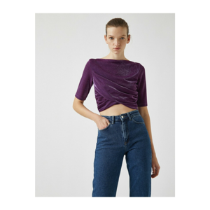 Koton Women's Purple Short Sleeve Silvery Wrap T-Shirt