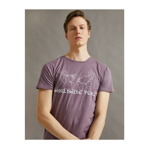Koton Men's Purple Crew Neck Short Sleeve Printed Cotton T-Shirt
