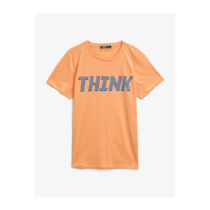 Koton Men's Orange Letter Printed Short Sleeve Cotton T-Shirt