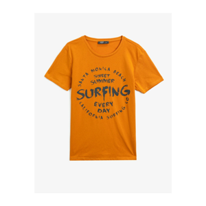 Koton Men's Orange Letter Printed Short Sleeve Cotton T-Shirt