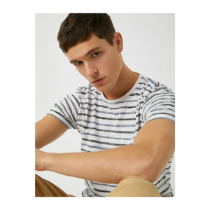 Koton Men's White Striped Short Sleeve Cotton T-Shirt