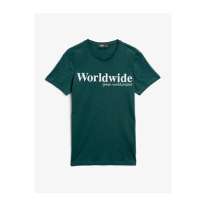 Koton Men's Green Letter Printed Short Sleeve Cotton T-Shirt