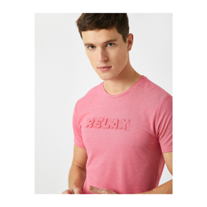 Koton Men's Pink Embossed Short Sleeve Cotton T-Shirt