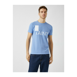 Koton Men's Blue Lettering Printed Short Sleeve Cotton T-Shirt