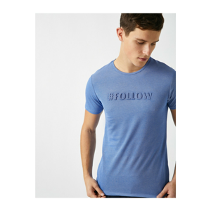 Koton Men's Blue Embossed Short Sleeve Cotton T-Shirt