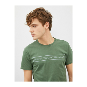 Koton Men's Green Lettering Short Sleeve Crew Neck Cotton T-Shirt