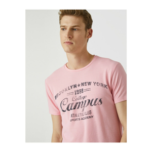 Koton Men's Pink Cotton Letter Printed Short Sleeve Crew Neck T-Shirt