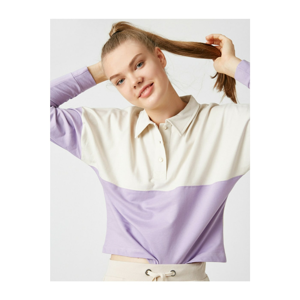 Koton Women's Purple Cotton Shirt Collar Color-Blocked T-Shirt