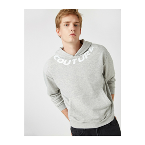 Koton Men's Gray Hooded Printed Kangaroo Pocket Sweatshirt