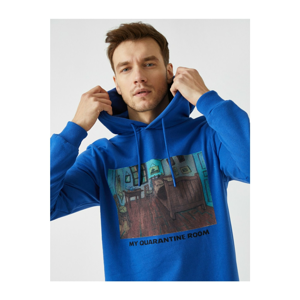 Koton Men's Blue Cotton Printed Hooded Long Sleeve Sweatshirt