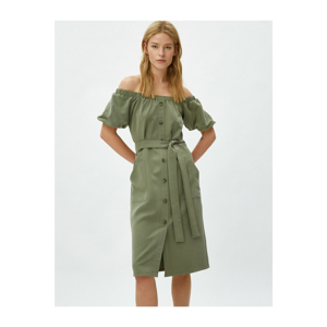 Koton Women's Green Short Sleeve Buttoned Belted Open Shoulder Dress