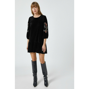 Koton Women Black Velvet Embroidered Crew Neck Dress