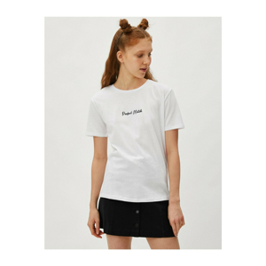 Koton Women's White Short Sleeve Slogan Embroidered Crew Neck Cotton T-Shirt