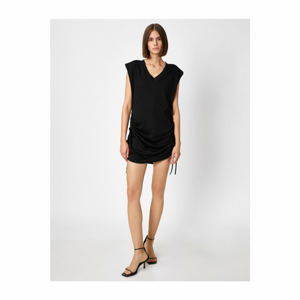Koton Women's Black V Neck Short Sleeve Lace-up Drape-Look Mini Dress