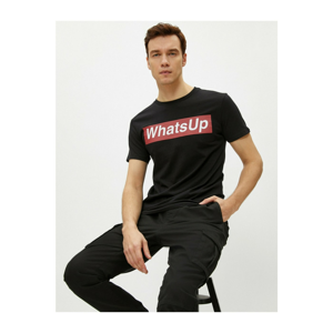 Koton Men's Black Slogan Short Sleeve Cotton Crew Neck T-Shirt