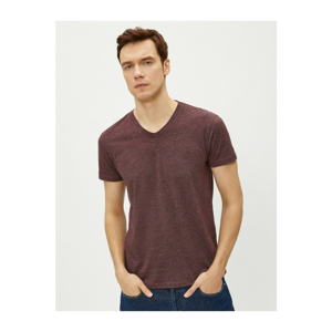 Koton Men's Burgundy V Neck Cotton Short Sleeve Basic Tshirt