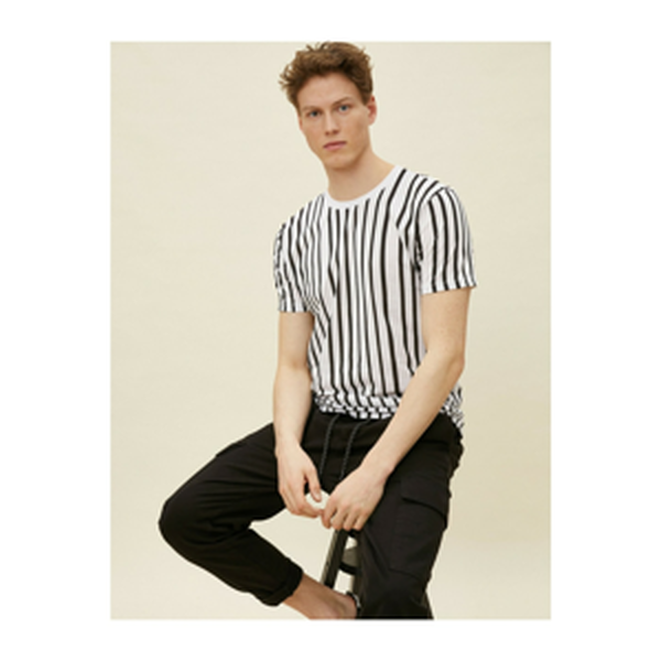 Koton Men's Black Striped Cotton Short Sleeve T-Shirt