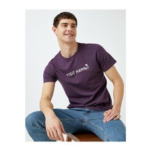 Koton Men's Purple Written Crew Neck Short Sleeve Cotton T-Shirt