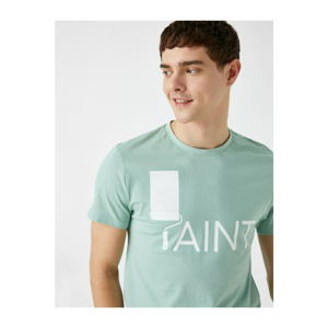 Koton Men's Green Letter Printed Short Sleeve Cotton T-Shirt